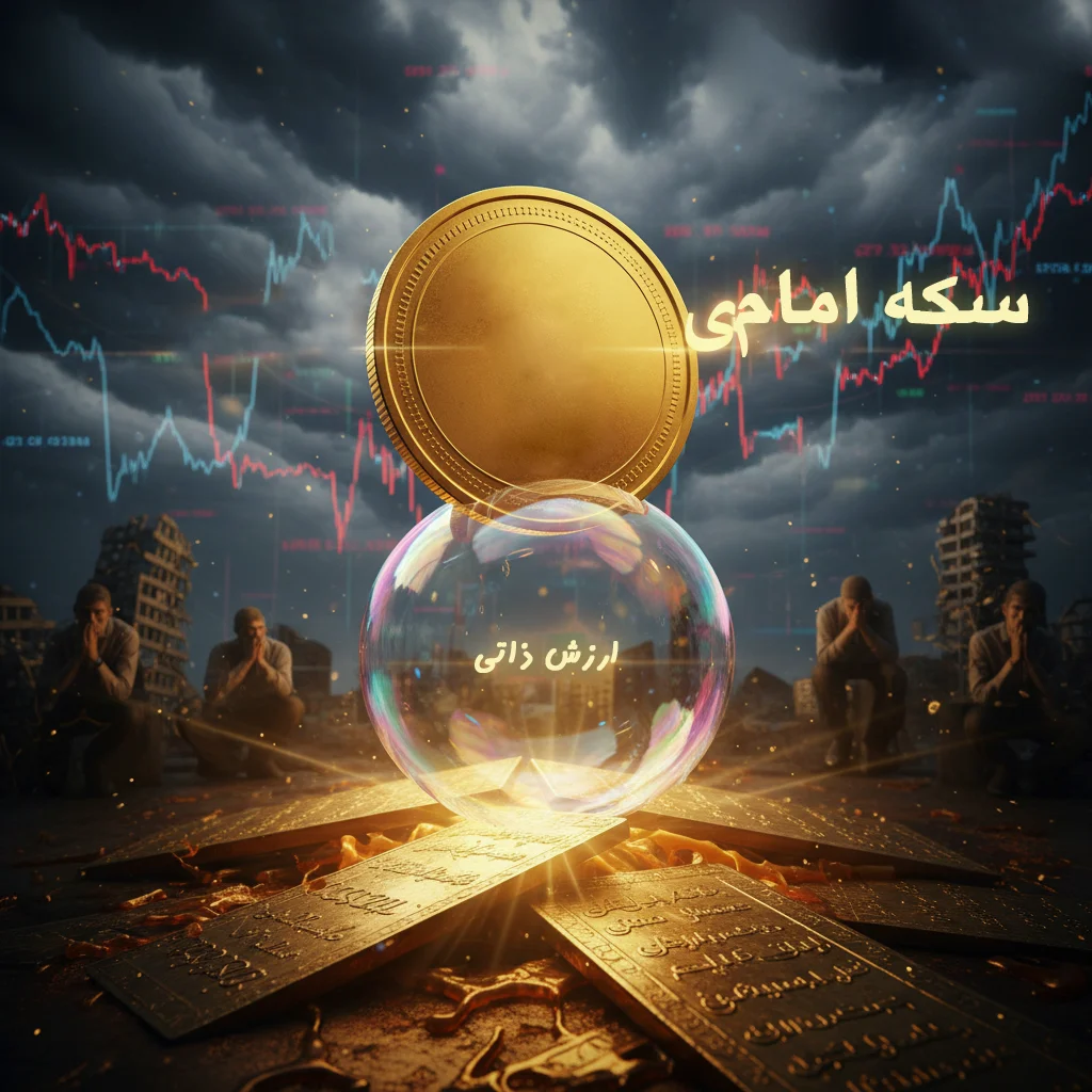 تصویر استعاری حباب سکه: یک سکه طلا که روی یک حباب نازک و ناپایدار قرار گرفته است، نشان‌دهنده قیمت بازار  که بالاتر از ارزش ذاتی  آن است.