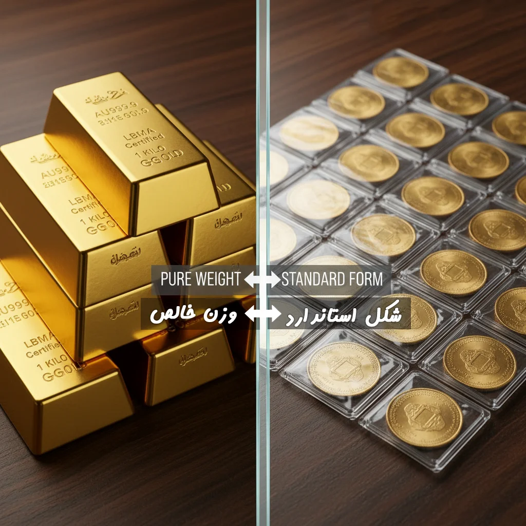 مقایسه بصری اشکال طلا برای سرمایه‌گذاری: شمش‌های طلای آب شده با شماره سریال (برای خلوص) در مقابل سکه‌های وکیوم شده (برای استاندارد بودن و نگهداری آسان).